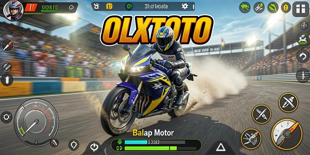 Tampilan antarmuka gameplay balap motor yang dinamis.
